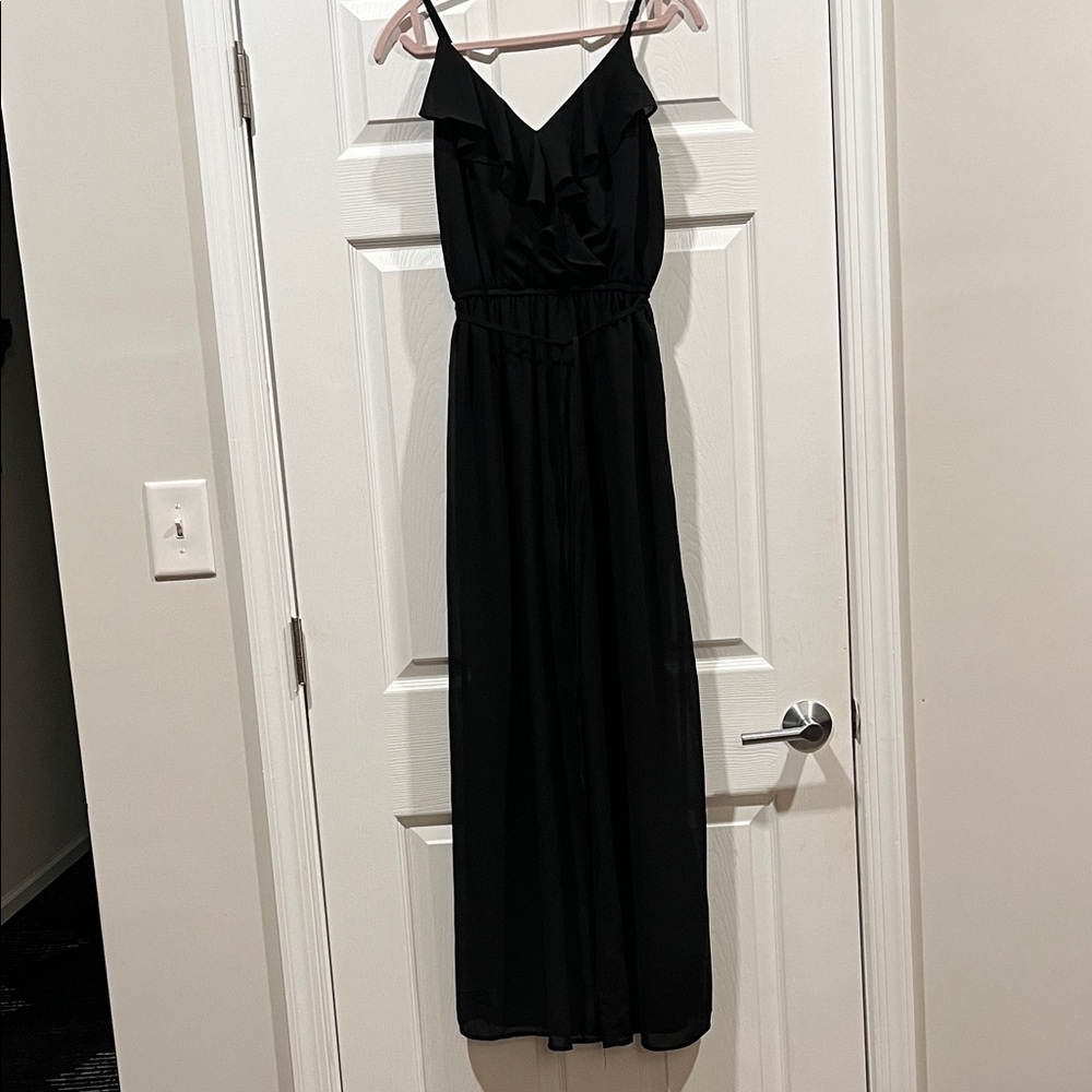 ANDREE BY UNIT Women Black Wide Leg Ruffled Neck Elasticized Waist Jumpsuit
